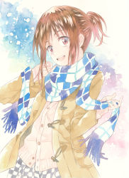 Rule 34 | 1girl, :d, agahari, blue scarf, blue skirt, brown eyes, brown hair, calligraphy brush (medium), cardigan, checkered clothes, checkered scarf, checkered skirt, colored pencil (medium), fingernails, hands up, highres, long sleeves, looking at viewer, open mouth, original, paintbrush, ponytail, scarf, short hair, skirt, sleeves past wrists, smile, solo, traditional media, upper body, vest