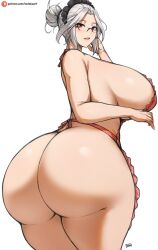 Rule 34 | 1girl, apron, artist name, ass, ass focus, batako (batakoart), blush, breasts, cowboy shot, from behind, from below, glasses, gluteal fold, hair bun, hair intakes, highres, huge ass, huge breasts, labiata (last origin), last origin, looking at viewer, looking back, maid headdress, mature female, naked apron, parted lips, patreon username, plump, red eyes, shiny skin, short hair, sideboob, sidelocks, solo, standing, thick thighs, thighs, white background, white hair, wide hips