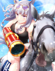 Rule 34 | 1girl, absurdres, animal ears, black one-piece swimsuit, blunt bangs, breasts, cheesecake (artist), cleavage, creature and personification, eyewear on head, gold ship (racehorse), gold ship (run revolt launcher) (umamusume), gold ship (umamusume), grey hair, highres, holding, holding water gun, horse, horse ears, horse girl, horse tail, horseback riding, long hair, looking at viewer, number pun, official alternate costume, one-piece swimsuit, purple eyes, riding, sunglasses, swimsuit, tail, tongue, tongue out, umamusume, water gun