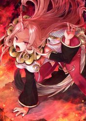 Rule 34 | 1girl, :p, all fours, breasts, detached sleeves, glint, gold trim, highres, horns, instrument, long hair, lyre, nail polish, nekogu rui, pink hair, pixiv fantasia, pixiv fantasia age of starlight, pointy ears, red background, red eyes, red nails, single horn, solo, tail, tongue, tongue out
