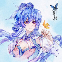 Rule 34 | 1girl, arm up, artist request, blue hair, breasts, bug, butterfly, chest cutout, closed mouth, colored pencil (medium), double bun, douluo dalu, gradient eyes, hair bun, hair tie, highres, insect, long hair, long sleeves, low twintails, medium breasts, multicolored eyes, official art, second-party source, smile, solo, tang wutong (douluo dalu), traditional media, twintails, upper body