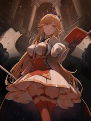 Rule 34 | 1girl, azur lane, bare shoulders, between breasts, black gloves, blonde hair, book, breasts, column, crown, dress, eyyy, french flag, gloves, hair ornament, hat, highres, holding, indoors, large breasts, long hair, long sleeves, looking at viewer, looking down, open book, pillar, red eyes, red thighhighs, richelieu (azur lane), solo, statue, thighhighs, thighs, very long hair