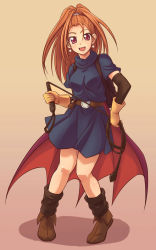 Rule 34 | 1girl, barbara (dq6), boots, cape, dragon quest, dragon quest vi, dress, e20, earrings, elbow gloves, female focus, forehead, gloves, high ponytail, jewelry, ponytail, red eyes, red hair, smile, solo, whip