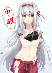 Rule 34 | 10s, 1girl, absurdres, armor, bow (weapon), broken, broken weapon, groin, hairband, highres, kantai collection, kou mashiro, long hair, looking at viewer, midriff, muneate, navel, open mouth, personification, shoukaku (kancolle), solo, tears, torn clothes, weapon, white hair, yellow eyes