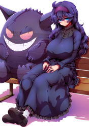 Rule 34 | 1girl, @ @, ahoge, alternate breast size, bags under eyes, bench, black footwear, blush, breasts, creatures (company), dress, frown, game freak, gen 1 pokemon, gengar, ghost, grin, hairband, hands on lap, hex maniac (pokemon), highres, huge breasts, long hair, messy hair, nintendo, npc trainer, pantyhose, plump, pokemon, pokemon (creature), pokemon xy, purple eyes, purple hair, red eyes, shoes, sitting, smile, sweater, tokyo (great akuta), translucent, transparent, wavy mouth, white pantyhose