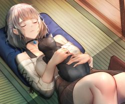 Rule 34 | 1girl, bad id, bad pixiv id, black choker, black tank top, blunt bangs, braid, breasts, brown skirt, cat, cat on person, choker, commentary request, cuddling, french braid, high-waist skirt, hololive, large breasts, miniskirt, off-shoulder sweater, off shoulder, pero (peroneko0510), plaid, plaid skirt, ribbed sweater, shirogane noel, shirogane noel (casual), short hair, silver hair, skirt, sleeping, sliding doors, snowflake pendant, sweater, tank top, virtual youtuber, wavy hair, white sweater
