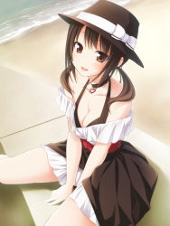 Rule 34 | 10s, 1girl, :d, beach, between legs, breasts, brown hair, choker, cleavage, clothes between thighs, halterneck, hand between legs, hat, hat ribbon, heart, highres, hinohoshi ataru, looking at viewer, okita sawa, open mouth, ribbon, sany, sitting, smile, solo, tari tari, twintails, v arms, water