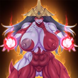 Rule 34 | 1girl, breasts, cleavage, commentary request, covered erect nipples, duel monster, elemental hero burstinatrix, energy, fireball, gluteal fold, heart, heart-shaped pupils, highres, huge breasts, long hair, looking at viewer, muscular, muscular female, natedecock, navel, nipples, smile, solo, symbol-shaped pupils, thighs, tongue, tongue out, yu-gi-oh!