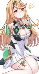 Rule 34 | 1girl, absurdres, bare shoulders, between legs, blonde hair, breasts, brown eyes, cleavage, cleavage cutout, closed mouth, clothing cutout, commentary request, dress, elbow gloves, feet out of frame, gloves, hand between legs, headpiece, highres, large breasts, long hair, looking at viewer, mythra (xenoblade), sani (saaanii), simple background, sleeveless, sleeveless dress, solo, squiggle, thigh strap, very long hair, white background, white dress, white gloves, xenoblade chronicles (series), xenoblade chronicles 2