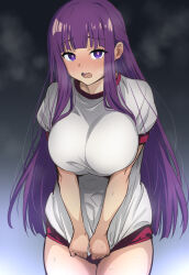 Rule 34 | 1girl, blue background, breasts, buruma, embarrassed, fern (sousou no frieren), gradient background, gym uniform, highres, holding, holding clothes, holding shirt, large breasts, long hair, looking at viewer, nakahira guy, purple eyes, purple hair, red buruma, shirt, solo, sousou no frieren, steam, sweat, thighs, very long hair, white background