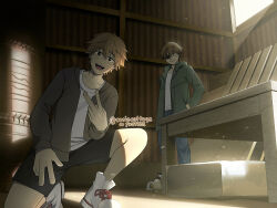 Rule 34 | 2boys, blonde hair, chainsaw man, clone, cosiecottage, denji (chainsaw man), eyepatch, green hoodie, grey hoodie, hands in pockets, highres, hood, hoodie, light rays, looking at viewer, multiple boys, on one knee, open mouth, sharp teeth, shed, shirt, shoes, short hair, shorts, smile, sneakers, table, teeth, twitter username, v, white shirt