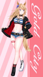 Rule 34 | 1girl, absurdres, animal ears, asymmetrical footwear, bandeau, belt, black belt, black choker, black footwear, black jacket, blonde hair, blue bow, blue eyes, blue nails, blush, boots, bow, breasts, character name, choker, commentary, crossed legs, cutoffs, denim, denim shorts, full body, gloves, gold city (umamusume), hair bow, highres, horse ears, jacket, long hair, long sleeves, medium breasts, midriff, mismatched footwear, nail polish, navel, open clothes, open jacket, parted lips, red nails, short shorts, shorts, single glove, solo, standing, stomach, strapless, striped bandeau, thigh strap, thighs, tube top, umamusume, watson cross, white footwear, white gloves, yokokura wakaba