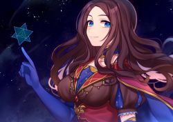 Rule 34 | 1girl, blue cape, blue eyes, blue gloves, breasts, brown hair, brown shirt, cape, closed mouth, collarbone, elbow gloves, fate/grand order, fate (series), forehead, gloves, karokuchitose, leonardo da vinci (fate), long hair, medium breasts, multicolored cape, multicolored clothes, parted bangs, puff and slash sleeves, puffy short sleeves, puffy sleeves, red cape, shirt, short sleeves, smile, solo, upper body