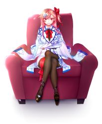 Rule 34 | 1girl, asymmetrical hair, bad id, bad pixiv id, black pantyhose, black shirt, blush, bow, braid, breasts, bunyu, chair, collared jacket, couch, crossed arms, crossed legs, girls&#039; frontline, gloves, hair between eyes, hair bow, hair ornament, hair over shoulder, hair ribbon, hairclip, hexagram, highres, israel, jacket, long hair, looking at viewer, negev (girls&#039; frontline), one side up, open mouth, pantyhose, parted lips, pink hair, red bow, red eyes, red ribbon, ribbon, shirt, shoes, simple background, sitting, sitting on object, skirt, smile, solo, sparkle, star of david, white gloves, white skirt