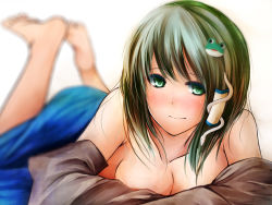 Rule 34 | 1girl, bare legs, bare shoulders, barefoot, blush, breasts, cleavage, face, female focus, frog, green eyes, green hair, hair ornament, highres, kochiya sanae, legs up, lying, matching hair/eyes, metalwasabi, on stomach, open clothes, open shirt, shirt, simple background, skirt, smile, snake, solo, the pose, topless, touhou, white background