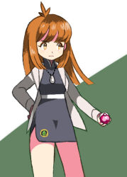 Rule 34 | 1girl, brown hair, closed mouth, commentary request, cowboy shot, creatures (company), dress, game freak, green (pokemon), hand on own hip, holding, holding poke ball, jacket, jewelry, long hair, long sleeves, looking to the side, love ball, milkpeachi, necklace, nintendo, open clothes, open jacket, poke ball, pokemon, pokemon adventures, short dress, two-tone background