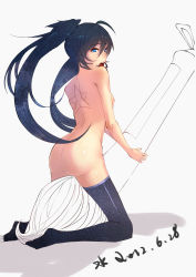 Rule 34 | 1girl, absurdres, ass, black rock shooter, black rock shooter (character), blue eyes, dated, from behind, highres, kneeling, long hair, nipples, nude, open mouth, oversized object, shuizhanglang, signature, simple background, solo, straddling, tattoo, thighhighs, unmoving pattern