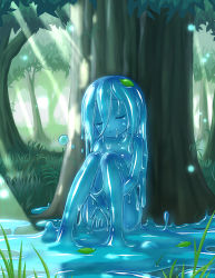 Rule 34 | 1girl, closed eyes, curss, female focus, grass, highres, leaf, monster girl, nature, nude, open mouth, original, outdoors, sitting, sleeping, slime girl, solo, sunlight, tree