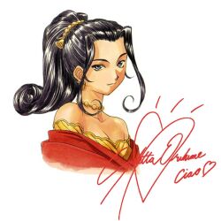Rule 34 | 1girl, bare shoulders, bead necklace, beads, bell, black hair, collarbone, cursive, dark-skinned female, dark skin, detached sleeves, dress, earrings, gold necklace, hair tie, half updo, heart, highres, jewelry, long hair, looking at viewer, matsubara hidenori, necklace, nose, off shoulder, official art, parted bangs, ponytail, red dress, sakura taisen, sakura taisen ii, signature, simple background, smile, soletta orihime, solo, solo focus, traditional media, white background, yellow sleeves