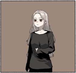 Rule 34 | 1girl, black shirt, border, brown background, closed mouth, cowboy shot, gogalking, grey hair, highres, jitome, long hair, long sleeves, looking at viewer, original, red eyes, shirt, simple background, solo, standing, white border