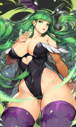 Rule 34 | 1girl, animal print, bare shoulders, bat (animal), black leotard, breasts, bridal gauntlets, cleavage, clothing cutout, collarbone, fingernails, fur trim, green eyes, green hair, gurimjang, hand on own chest, hand up, head wings, heart cutout, highleg, highleg leotard, highres, large breasts, leotard, lipstick, long sleeves, makeup, md5 mismatch, morrigan aensland, parted lips, resolution mismatch, shiny clothes, simple background, smile, solo, source larger, strapless, strapless leotard, thighhighs, thighs, vampire (game), wings