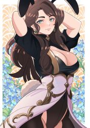 Rule 34 | 1girl, adapted costume, animal ears, arms behind head, black shirt, blue flower, breasts, brown hair, cleavage, commentary request, cowboy shot, dorothea arnault, earrings, fake animal ears, fake tail, fire emblem, fire emblem: three houses, flower, green eyes, highres, ihsnet, jewelry, large breasts, long hair, looking at viewer, nintendo, parted lips, rabbit ears, rabbit tail, shirt, skirt, smile, solo, standing, tail, very long hair, white skirt