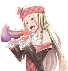 Rule 34 | 10s, 1girl, bare shoulders, blonde hair, blush, breasts, censored, cleavage, cleavage cutout, clothing cutout, colored skin, diola (granblue fantasy), granblue fantasy, h kasei, hat, heart, heart censor, hetero, long hair, open mouth, penis, penis awe, purple skin, small breasts, smile, solo, solo focus, tongue, white background, yellow eyes