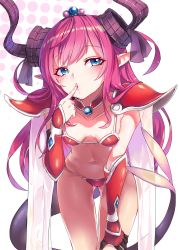 Rule 34 | 10s, 1girl, armor, bikini, bikini armor, blue eyes, blush, breasts, cape, ceda (dace), collar, downblouse, dragon tail, elizabeth bathory (brave) (fate), elizabeth bathory (fate), fate/extra, fate/extra ccc, fate/grand order, fate (series), finger to mouth, gauntlets, gluteal fold, half-closed eyes, horns, kneeling, lips, long hair, looking at viewer, navel, parted lips, pauldrons, pink hair, pointy ears, red armor, red bikini, shoulder armor, simple background, small breasts, solo, swimsuit, tail, tiara, white background