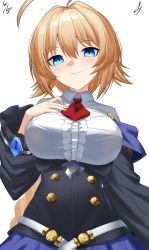 Rule 34 | 1girl, ahoge, blazblue, blonde hair, blue eyes, breasts, buttons, es (xblaze), expressive hair, hand on own chest, highres, large breasts, looking at viewer, red tie, slit pupils