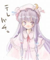 Rule 34 | 1girl, :&lt;, blue ribbon, blush, capelet, crescent, crescent hair ornament, female focus, hair ornament, hat, long hair, mob cap, neck ribbon, ogu, patchouli knowledge, purple eyes, purple hair, red ribbon, ribbon, simple background, solo, touhou, upper body, white background