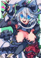 Rule 34 | 1girl, absurdres, animal ears, black gloves, blue eyes, bracelet, breasts, cleavage, clover, collar, colored eyelashes, dress, elphelt valentine, fingerless gloves, flower, four-leaf clover, gloves, guilty gear, guilty gear xrd, highres, jewelry, large breasts, looking at viewer, medium hair, open mouth, rabbit ears, red flower, red rose, rose, snd nanka, spiked bracelet, spiked collar, spikes, white dress, white hair