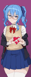 Rule 34 | 1girl, absurdres, blue eyes, blue hair, bow, bowtie, box, candy, chocolate, chocolate heart, choker, food, gift, gift box, glasses, hair ribbon, heart, heart hands, highres, hololive, hoshimachi suisei, jacket, jacket partially removed, medium hair, mibe (suiseichu), ribbon, school uniform, short twintails, skirt, smile, solo, sweater vest, thick thighs, thighhighs, thighs, twintails, virtual youtuber, zettai ryouiki