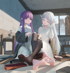Rule 34 | 2girls, 3d, 3d background, absurdres, barefoot, feet, fern (sousou no frieren), frieren, green eyes, highres, long hair, mr ito, multiple girls, open mouth, pointy ears, purple eyes, purple hair, see-through, see-through legwear, soles, sousou no frieren, toes, white hair