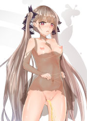 Rule 34 | 1girl, azur lane, blush, breasts, brown hair, clothes lift, collarbone, detached collar, dress, dress lift, formidable (azur lane), hair ribbon, large breasts, long hair, long sleeves, navel, nipples, no panties, open mouth, peeing, pussy, rakkuma, red eyes, ribbon, see-through, see-through dress, standing, twintails, uncensored, white background