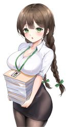 Rule 34 | 1girl, black skirt, blush, book, book stack, braid, breast rest, breasts, brown hair, brown pantyhose, business suit, carried breast rest, carrying, collared shirt, commentary, commission, cowboy shot, english commentary, formal, green eyes, green ribbon, hair ribbon, highres, holding, holding book, large breasts, lillly, long hair, looking at viewer, miniskirt, office lady, original, pantyhose, pencil skirt, ribbon, shirt, skirt, skirt suit, solo, standing, suit, tight skirt, transparent background, twin braids, twintails, very long hair, white shirt