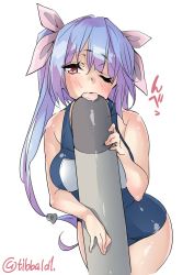 Rule 34 | 10s, 1girl, bad id, bad twitter id, bare arms, blush, breasts, cowboy shot, ebifurya, hair between eyes, hair ribbon, highres, holding, holding torpedo, i-19 (kancolle), inactive account, kantai collection, licking, long hair, looking at viewer, medium breasts, multicolored hair, one eye closed, pink eyes, pink ribbon, ponytail, ribbon, school uniform, simple background, solo, tongue, tongue out, torpedo, twitter username, two-tone hair, white background