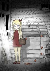 Rule 34 | 1girl, 9so (ponchon), basement, basket, black cat, blonde hair, blue eyes, bow, box, braid, broom, brown bow, bucket, cat, child, commentary request, crate, do pivnice, dress, flashlight, hair bow, highres, holding, holding flashlight, mary janes, night, pantyhose, parted lips, polka dot, polka dot dress, red dress, red footwear, shoes, standing, striped clothes, striped legwear, striped pantyhose, tomato, toshinou kyouko, twin braids, vertical-striped clothes, vertical-striped legwear, vertical-striped pantyhose, yellow legwear, yuru yuri