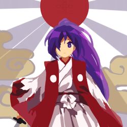 Rule 34 | 1girl, closed mouth, coat, commentary request, cowboy shot, flat chest, hair over one eye, hakama, highres, japanese clothes, kaigen 1025, kimono, long hair, looking at viewer, meira (touhou), open clothes, open coat, ponytail, purple eyes, purple hair, red coat, ribbon, sleeveless, solo, touhou, touhou (pc-98), white hakama, white kimono, white ribbon