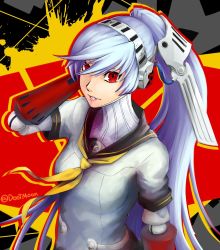 Rule 34 | 1girl, android, aqua hair, blue hair, breasts, dootmoon, hand on own ear, hand on own ear, headphones, joints, labrys (persona), long hair, persona, persona 4, persona 4: the ultimate in mayonaka arena, ponytail, red eyes, robot joints, sailor collar, school uniform, serafuku, smile, solo, very long hair