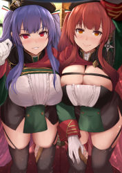 Rule 34 | 2girls, asymmetrical docking, asymmetrical hair, azur lane, beret, black dress, black headwear, black legwear, black panties, breast press, breasts, buttons, cape, center frills, cleavage, double-breasted, dress, framed breasts, frills, gloves, green dress, hat, highres, huge breasts, indoors, kanzaki kureha, leaning forward, light blush, long hair, looking at viewer, medal, microdress, multiple girls, orange eyes, panties, pola (azur lane), purple hair, red cape, red eyes, red hair, siblings, side ponytail, sisters, skindentation, smile, standing, taut clothes, taut dress, thighhighs, twintails, two-tone dress, underwear, white gloves, window, zara (azur lane)