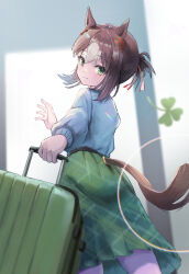 Rule 34 | 1girl, absurdres, animal ears, aoniyoshi, ass, blush, brown hair, casual, clothing cutout, clover, fine motion (umamusume), from behind, green eyes, green skirt, hair bun, highres, horse ears, horse girl, horse tail, long skirt, long sleeves, looking at viewer, looking back, multicolored hair, shirt, skirt, smile, solo, suitcase, tail, tail through clothes, two-tone hair, umamusume, white hair, white shirt