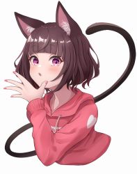 Rule 34 | 1girl, absurdres, animal ear fluff, animal ears, blush, brown hair, cat ears, cat girl, cat tail, cropped torso, drawstring, hand up, higashigure, highres, hood, hood down, hoodie, kmnz, long sleeves, looking at viewer, mc liz, nail polish, parted lips, pink hoodie, pink nails, purple eyes, short hair, simple background, solo, tail, tail raised, upper body, virtual youtuber, white background
