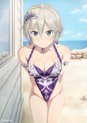 Rule 34 | 1girl, anastasia (idolmaster), beach, blue sky, breasts, casual one-piece swimsuit, cloud, collarbone, cowboy shot, day, green eyes, hair between eyes, idolmaster, idolmaster cinderella girls, idolmaster cinderella girls starlight stage, inoshira, leaning forward, medium breasts, ocean, one-piece swimsuit, outdoors, purple one-piece swimsuit, short hair, sky, smile, solo, standing, swimsuit