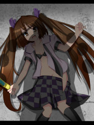 Rule 34 | 1girl, bad id, bad pixiv id, bra, brown eyes, brown hair, cellphone, checkered clothes, checkered skirt, clothes pull, ebiebiebio, female focus, hair ribbon, himekaidou hatate, imminent rape, letterboxed, lingerie, long hair, looking at viewer, lying, miniskirt, navel, no bra, on back, open clothes, open mouth, open shirt, phone, purple skirt, ribbon, shadow, shameimaru aya, shirt, skirt, skirt pull, solo, solo focus, sword, touhou, twintails, underwear, very long hair, weapon, you gonna get raped