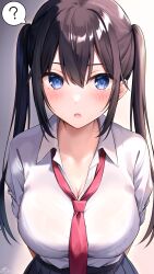 Rule 34 | 1girl, ?, arms behind back, blush, breasts, brown hair, cleavage, commentary request, hair between eyes, highres, large breasts, long hair, necktie, open mouth, original, ramchi, red necktie, shirt, signature, spoken question mark, twintails, white shirt