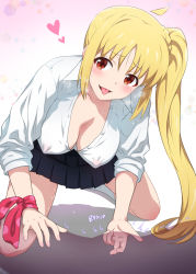 Rule 34 | 2girls, blonde hair, blue skirt, blush, bocchi the rock!, bow, breasts, brown eyes, cleavage, collared shirt, covered erect nipples, fingering, highres, ijichi nijika, joy ride, kneeling, large breasts, long hair, looking at viewer, multiple girls, open mouth, pleated skirt, red bow, school uniform, shirt, side ponytail, sidelocks, simple background, skirt, steam, tagme, tongue, tongue out, white shirt, yuri