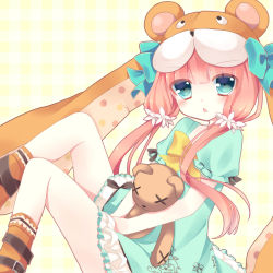Rule 34 | 1girl, animal hat, bear alma, blue eyes, casual, hugging doll, emil chronicle online, hair ornament, hat, highres, hoshi (snacherubi), long hair, looking at viewer, low twintails, hugging object, red hair, solo, stuffed animal, stuffed toy, teddy bear, triangle mouth, twintails
