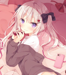 Rule 34 | 1girl, black bow, blush, bow, box, brown hair, brown jacket, cellphone, closed mouth, collared shirt, commentary, envelope, gift, gift box, hair between eyes, hair bow, hair ornament, hairclip, hands up, heart, heart hair ornament, holding, holding gift, hoshi (snacherubi), jacket, long hair, long sleeves, looking at viewer, lying, off shoulder, on side, open clothes, open jacket, original, phone, pillow, purple eyes, shirt, sleeves past wrists, solo, symbol-only commentary, twintails, upper body, white shirt