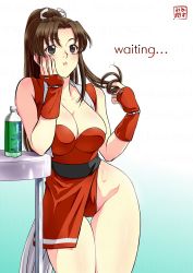 Rule 34 | breasts, english text, fatal fury, fighting game, highres, kasumi jun, legs, leotard, parted bangs, shiranui mai, snk, solo, the king of fighters, waiting, wide hips