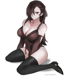 Rule 34 | 1girl, artist name, bare shoulders, braid, breasts, brown eyes, brown hair, cleavage, collarbone, fire emblem, fire emblem fates, highres, kagero (fire emblem), large breasts, long hair, looking at viewer, ninja, nintendo, one eye covered, solo, thighhighs, thighs, tommy (kingdukeee), white background